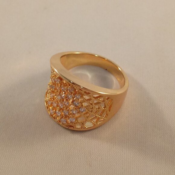 18K Yellow Gold Filled Wide Band Web White Diamond Zircon Ring Gorgeous Gift - Picture 6 of 12